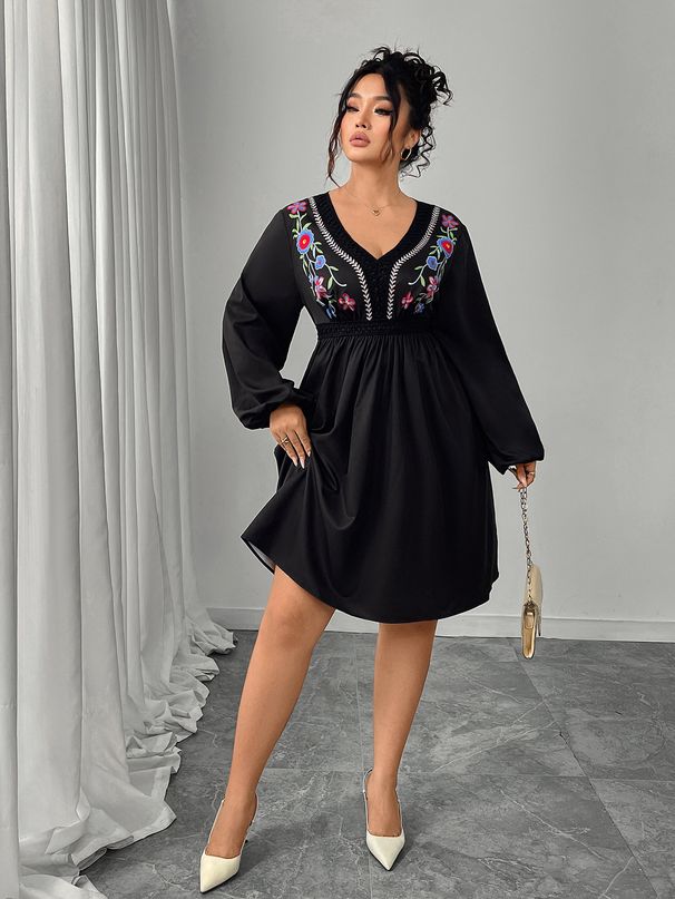 Women's Clothing Plus Size Clothes Elegant Plus Size V-Neck Embroidered Dress - Flowy Retro Summer Dress For Women, Loose Fit High Waist Maxi Dress_ecoleips.com