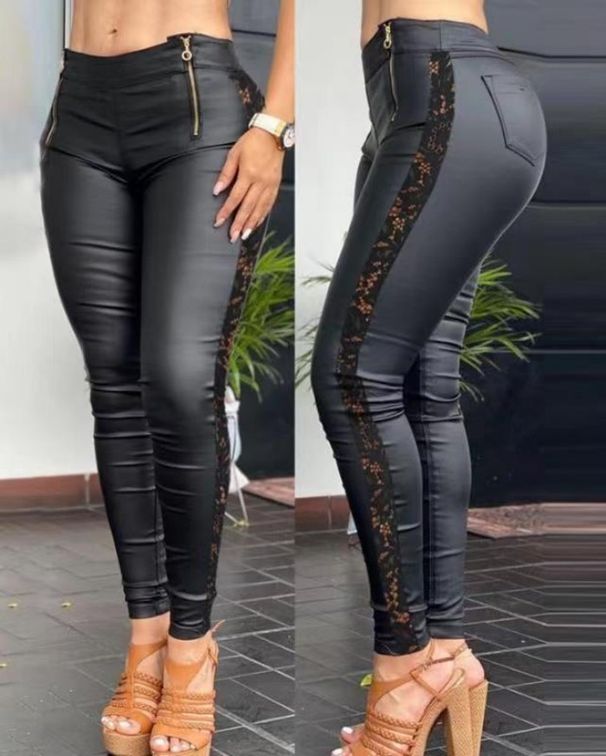 Women's Clothing Lace Stitching Black Tight Trousers Women_ecoleips.com