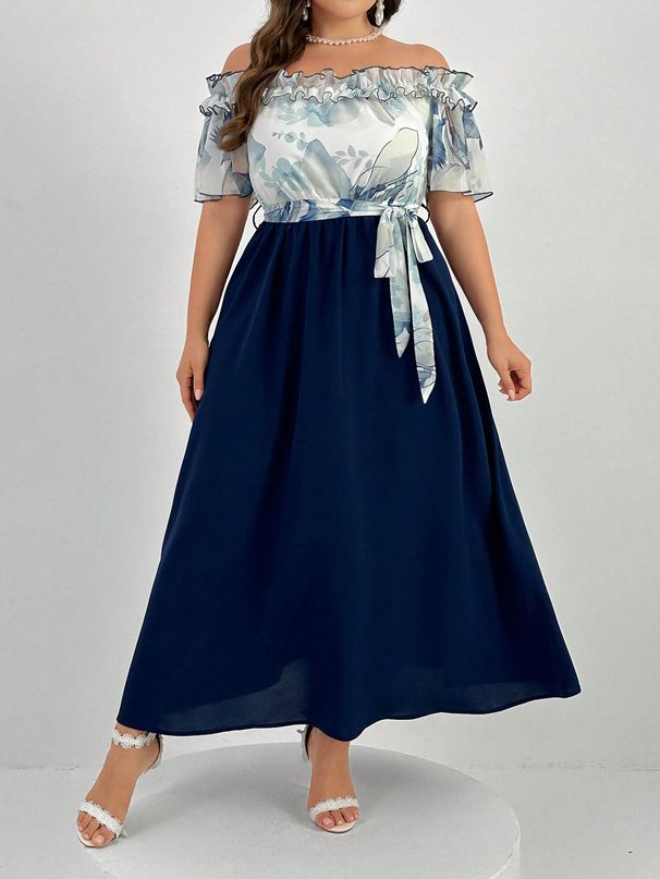 Summer New Plus Size Wrap Dress – Floral Print Off-Shoulder Elegant Office Dress With Belt, A-Line Long Dress For Women (0XL-4XL, Navy Blue)_ecoleips.com