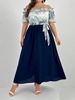 Summer New Plus Size Wrap Dress – Floral Print Off-Shoulder Elegant Office Dress With Belt, A-Line Long Dress For Women (0XL-4XL, Navy Blue)_ecoleips.com