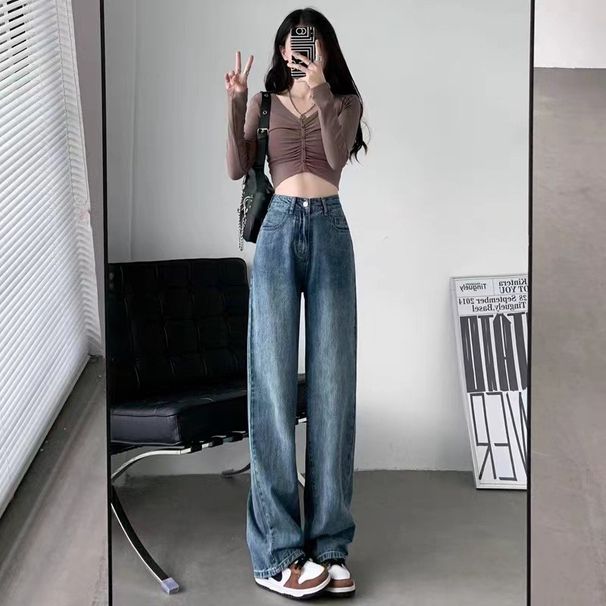 Women's Straight-leg Wide-leg Jeans 2023 New Autumn High-waisted Loose-fitting Workwear Pants For Petite Figures,_ecoleips.com