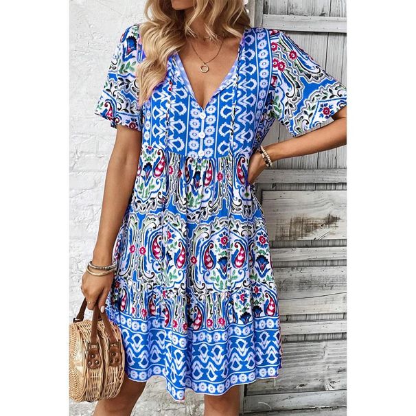 In-stock European American Cross-border 2025 Summer New Printed V-neck For Women, Loose-fitting And Figure-flattering_ecoleips.com
