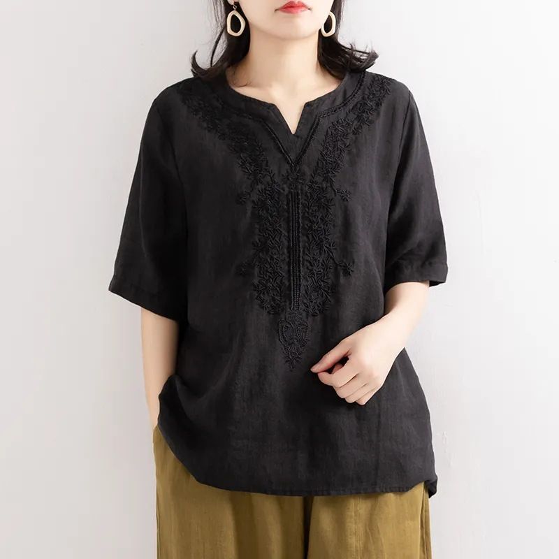 Summer Retro-Style Embroidered Cotton T-Shirt Made Of Pure Cotton; Features A Loose Fit That Flatters The Figure, A V-Ne_ecoleips.com