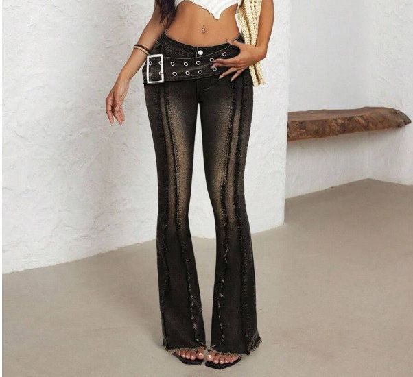 New Cross-border Foreign Trade Model Women's Low-waist Flared Jeans With Sun Buckle And Frayed Hem_ecoleips.com