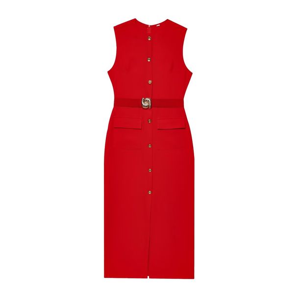Women's Clothing Spring New With Belt Crepe Sleeveless Midi Dress_ecoleips.com