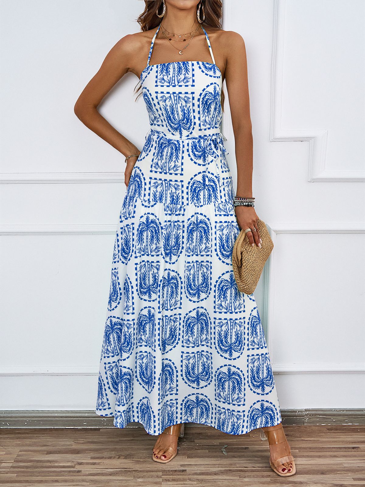 2026 European And American Women's Summer Halter Neck Printed Beach Hawaiian Vacation Dress With Lining For Women_ecoleips.com
