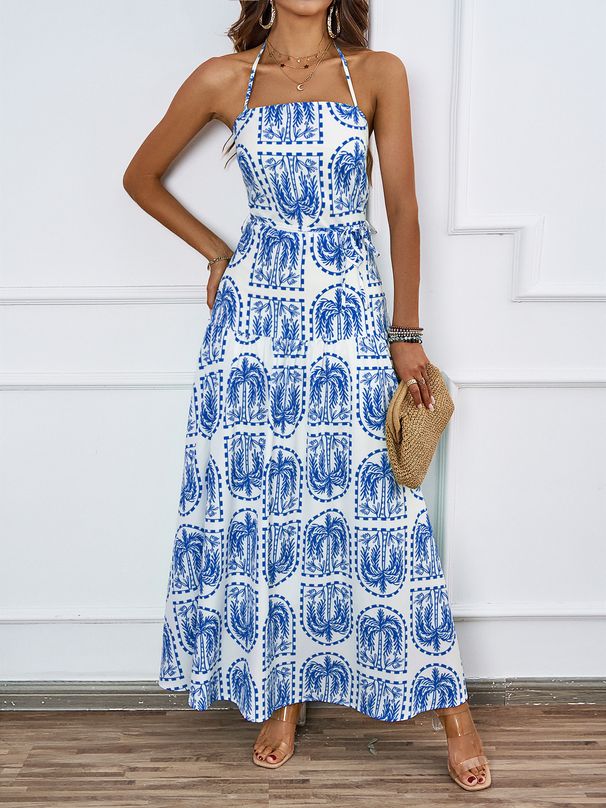 2026 European And American Women's Summer Halter Neck Printed Beach Hawaiian Vacation Dress With Lining For Women_ecoleips.com