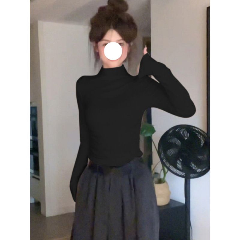 White Semi-Turtleneck Base Shirt Women's Autumn And Winter Underwear With Straight Shoulders And Long-Sleeved T-Shirts,_ecoleips.com