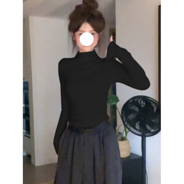White Semi-Turtleneck Base Shirt Women's Autumn And Winter Underwear With Straight Shoulders And Long-Sleeved T-Shirts,_ecoleips.com
