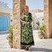 Elegant Dubai Abaya Dress With Floral Print - Modest Muslim Long Dress For Women, Loose Fit, Flared Sleeves (Green, S/M/L/XL)_ecoleips.com