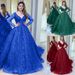 Elegant Blue Wedding Dress With Long Sleeves & Sparkling Sequins – V-Neck Ball Gown For Special Occasions_ecoleips.com