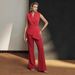 Women's Commuter Style Fashion Belted Lapel Vest And Pants Set Two-Piece Outfit_ecoleips.com