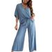 Women's Casual Loose-Leg V-Neck Bat-Sleeve Pants Set_ecoleips.com