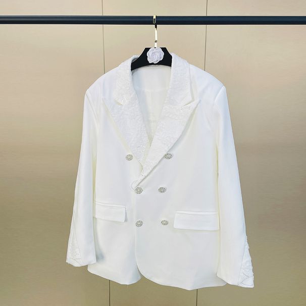White Double-Breasted Mid-Length Blazer For Women, Embellished With Delicate Beading, Elegant Oversized Office Coat_ecoleips.com