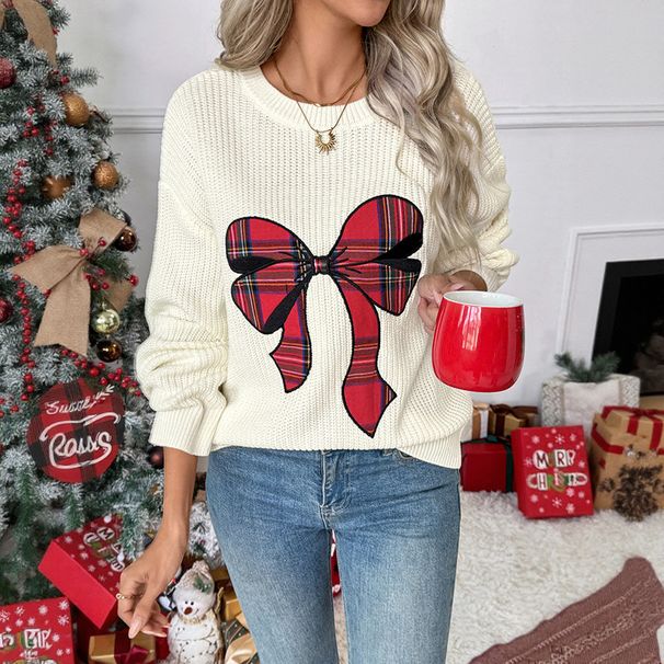 "Christmas Fair Isle Sweater – Bow-Knot Acrylic Knit (Cream) | Sweet & Cozy"_ecoleips.com