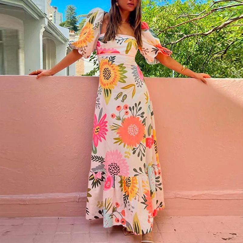 Women's Off-The-Shoulder Puff Sleeve Dress American Fashion Full Skirt Printed Spring New Arrivals Clothing_ecoleips.com
