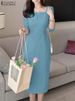 ZANZEA Elegant Women Slim Knee-length Dress Fashion Square Neck 3/4 Sleeve Seamed Party Vestidos Casual Commute Solid Short Robe_ecoleips.com