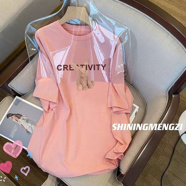 Women's White Short Sleeve T-Shirt Spring/Summer Loose Fit Mid-Length Base Layer Top plus Size Rabbit Print Simple Design_ecoleips.com