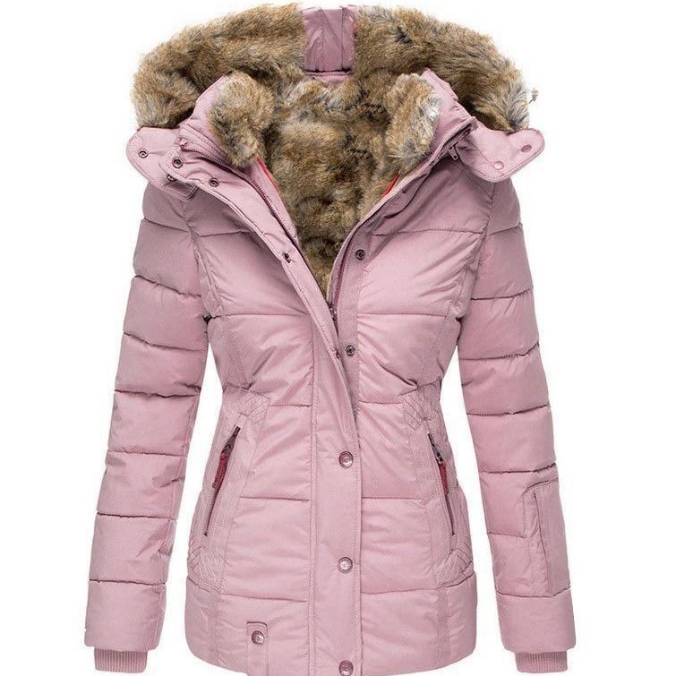 Women's Winter Warm Fleece-Lined Hooded Coat With Faux Fur Trim, Slim Fit Zip-Up Long Sleeve Jacket For Cold Weather_ecoleips.com
