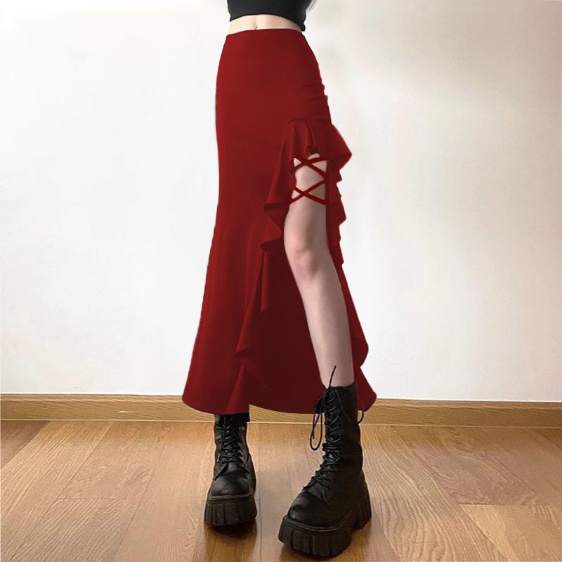 Verve 2025 Summer New High Split Tie Waist Sexy Women's Fishtail Bodycon Side Slit Solid Color Hot Girl A_ecoleips.com