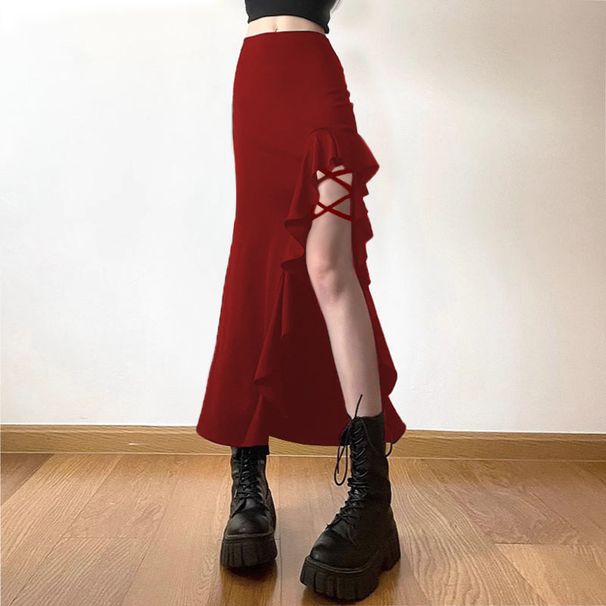 Verve 2025 Summer New High Split Tie Waist Sexy Women's Fishtail Bodycon Side Slit Solid Color Hot Girl A_ecoleips.com