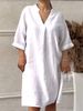 Women's Clothing Fashion Leisure Cotton And Linen Ladies V Neck Loose Large Size Dress_ecoleips.com