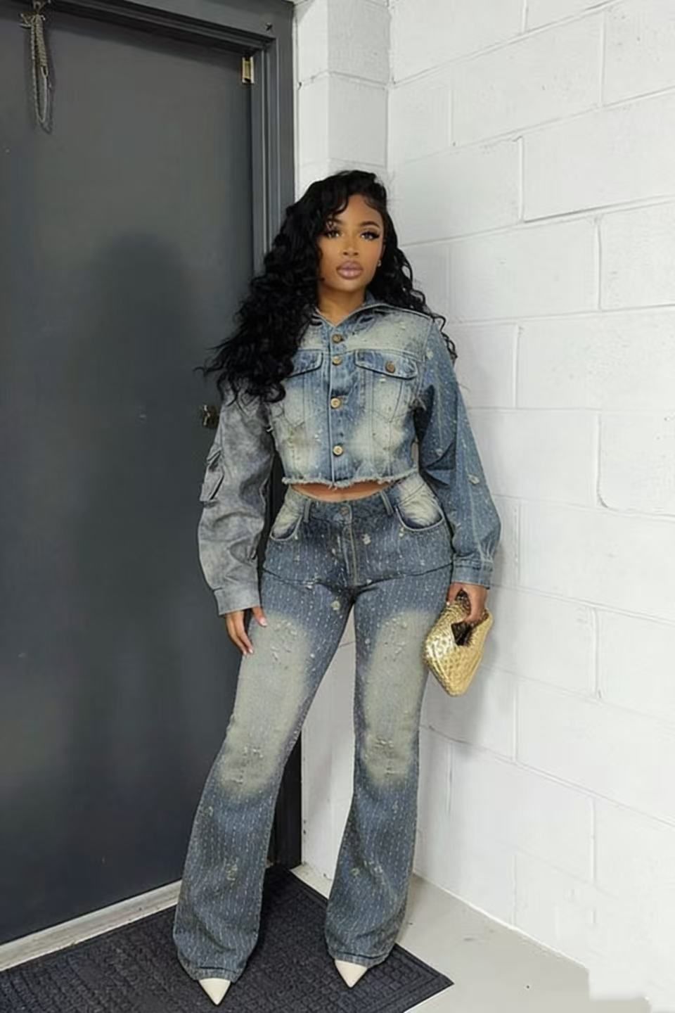 Trendy Distressed Denim Hoodie Set For Women - Slim Fit Cropped Jacket & Pants With Vintage Wash - Streetwear Fashion For Fall_ecoleips.com