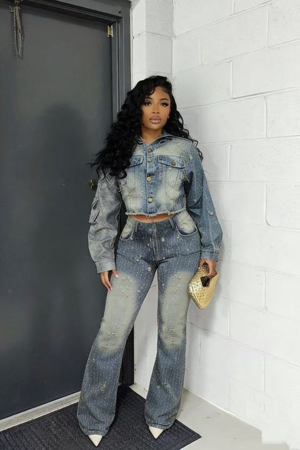 Trendy Distressed Denim Hoodie Set For Women - Slim Fit Cropped Jacket & Pants With Vintage Wash - Streetwear Fashion For Fall_ecoleips.com