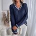 Oversized V-Neck Cable Knit Sweater - Textured Rayon Blend Pullover For Women (S-XL, Classic Blue)_ecoleips.com