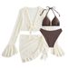 Women's Long-Sleeve Cover-Up & Bikini Set – Lace Trim & Adjustable Ties | 4-Piece Swimwear | Black/White/Apricot | S/M/L/XL_ecoleips.com
