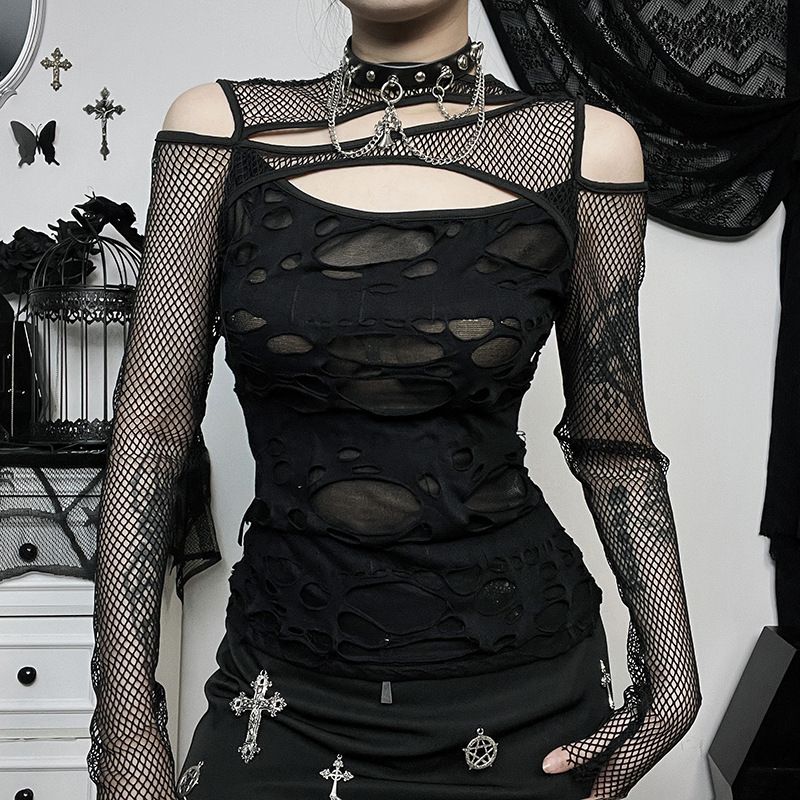 Unique Women's Slim Fit Long Sleeved Top CF23498 Dark Style Sexy Mesh Ripped New Autumn Clothing_ecoleips.com