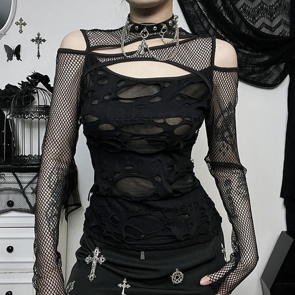 Unique Women's Slim Fit Long Sleeved Top CF23498 Dark Style Sexy Mesh Ripped New Autumn Clothing_ecoleips.com