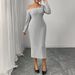 Women's Clothing Plus Size Clothes "Elegant Ribbed Square Neck Bodycon Dress – Off-Shoulder Long Sleeve Slit Dress For Women_ecoleips.com