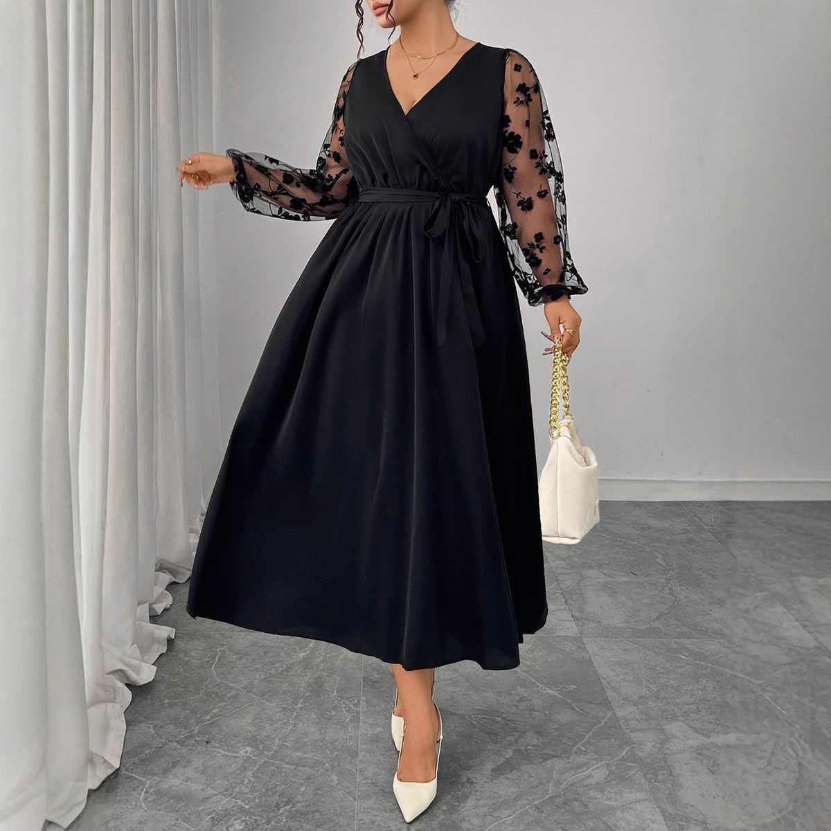 Plus Size V-Neck Lace Dress – Elegant Long Sleeve Belted Dress For Women, Flattering High Waist & Stylish_ecoleips.com