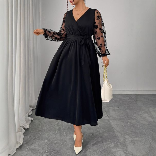 Plus Size V-Neck Lace Dress – Elegant Long Sleeve Belted Dress For Women, Flattering High Waist & Stylish_ecoleips.com