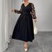 Plus Size V-Neck Lace Dress – Elegant Long Sleeve Belted Dress For Women, Flattering High Waist & Stylish_ecoleips.com