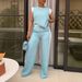 Women's Clothing Casual Wide Leg Pants Set With Color Block Short Sleeve Top - Summer Two Piece Outfit_ecoleips.com