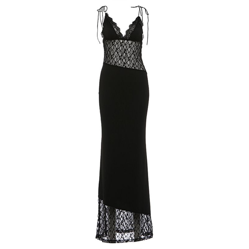 Sleeveless Mesh Panel Lace Trim Bodycon Dress - Elegant Tie-Waist Low Cut Evening Gown Flattering Bodycon Fit_ecoleips.com