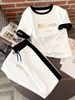 Gold Line Letter Print Top And Tie Waist Pants Set Short Sleeve Spring/Autumn Style Women's Fashion Outfit_ecoleips.com
