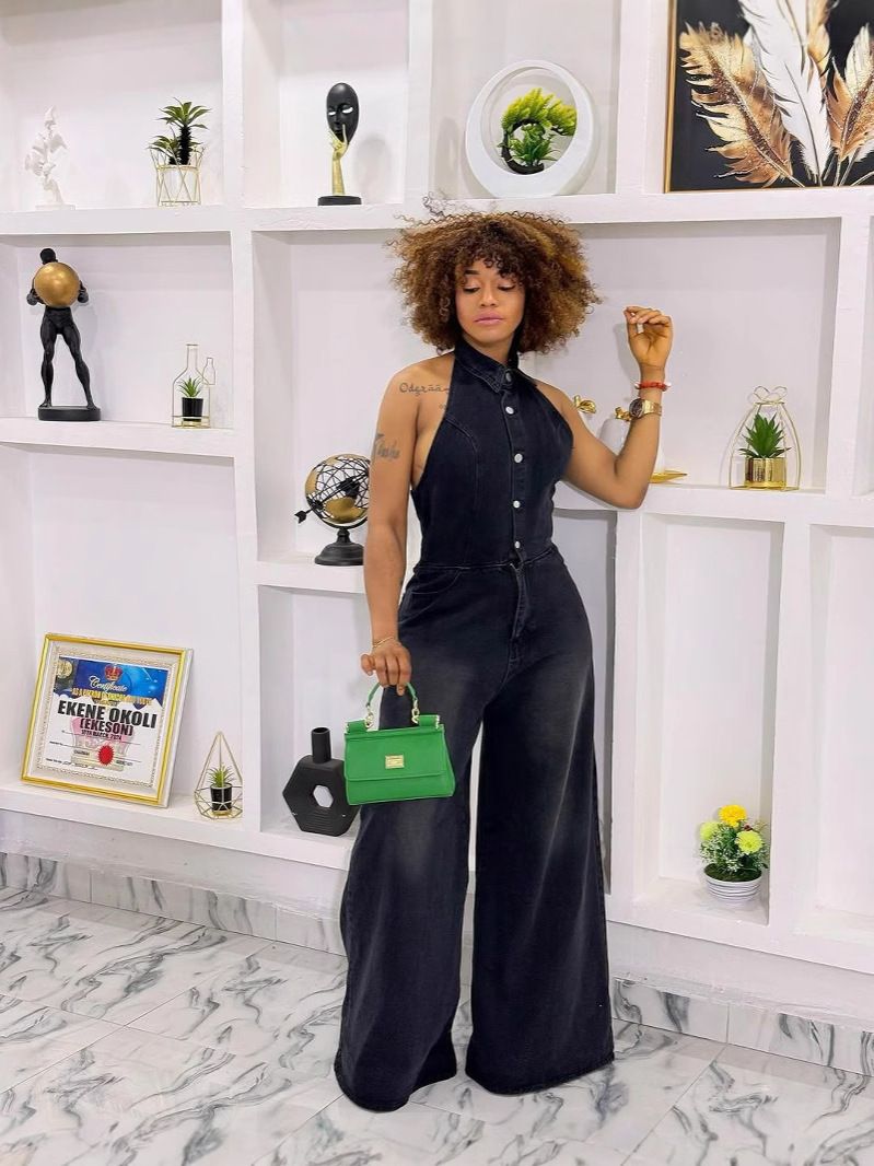 Summer Halter Neck Denim Jumpsuit For Women Backless Single Breasted Lapel Trousers_ecoleips.com