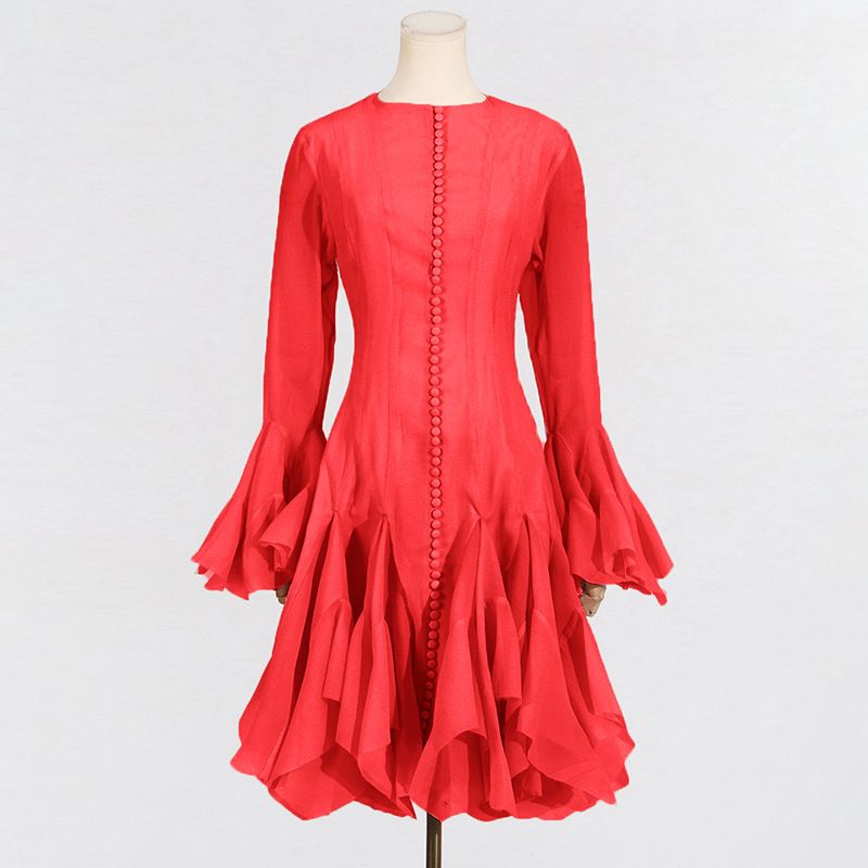 Women's Clothing Ruffled Dress For Women In Summer New Style Fashion High Collar Long Sleeve High Grade Waist Mid Length Skirt_ecoleips.com