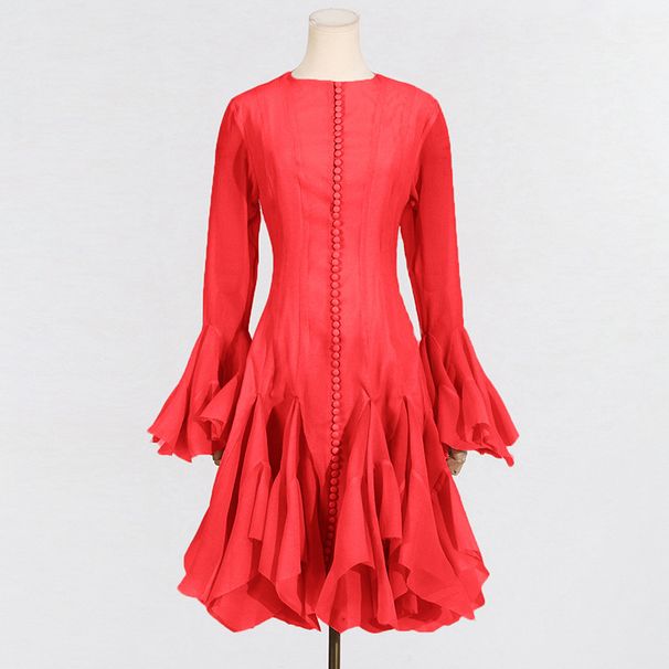 Women's Clothing Ruffled Dress For Women In Summer New Style Fashion High Collar Long Sleeve High Grade Waist Mid Length Skirt_ecoleips.com