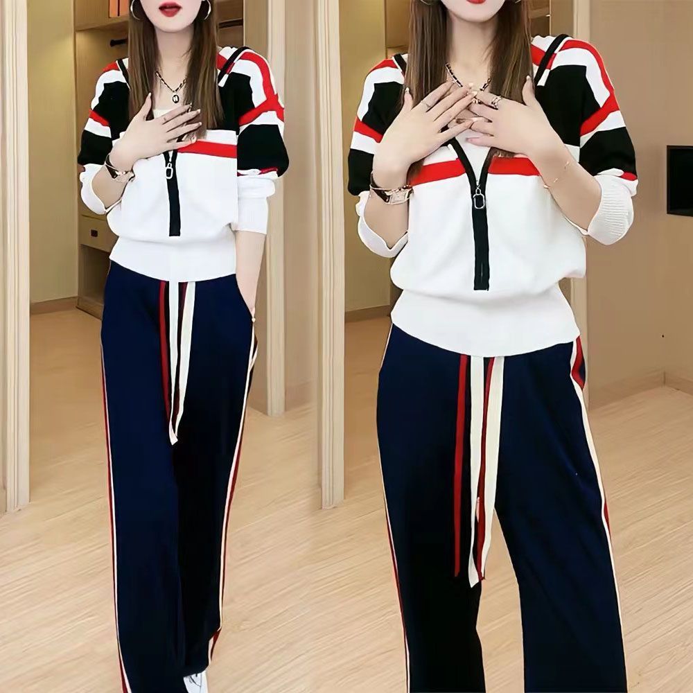 "Women's Stylish Color-Block Tracksuit Set Zip-Up Hoodie & Wide-Leg Pants Casual Autumn Outfit"_ecoleips.com