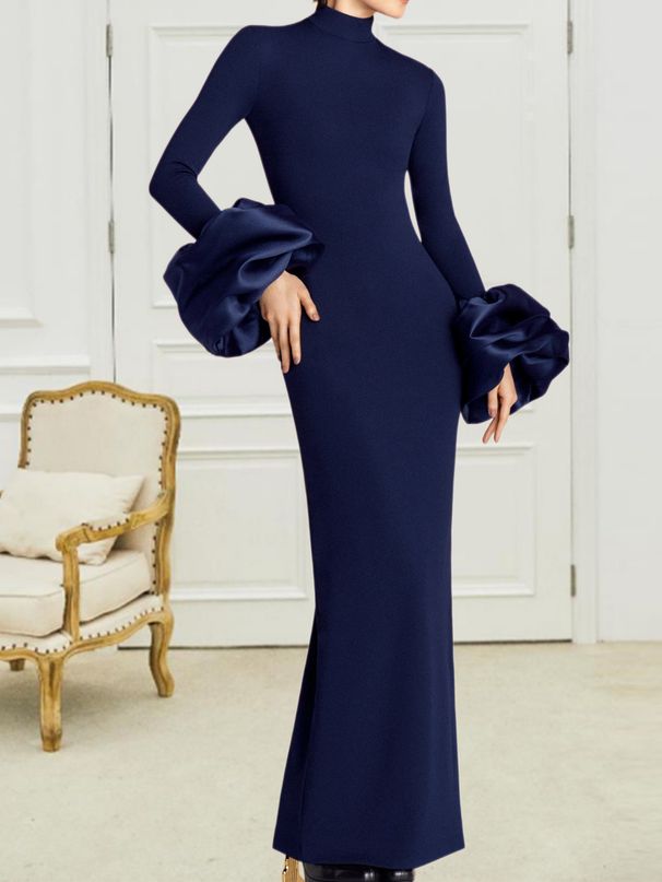 Elegant Stand Collar Long Sleeve Party Dress – Slim Fit Formal Gown For Women (Black/Navy/Deep Green/Rose Red, Sizes S-XL, Custom Colors Available)_ecoleips.com