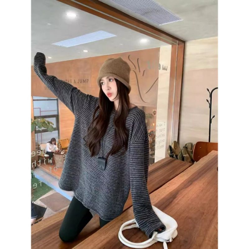 Striped Crew Neck Base Shirt Top, Women's Winter Korean Loose Rabbit Fur Long Inner Layer, Long Sleeve T-Shirt Outside_ecoleips.com