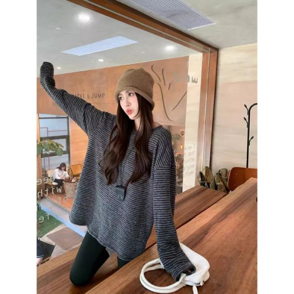 Striped Crew Neck Base Shirt Top, Women's Winter Korean Loose Rabbit Fur Long Inner Layer, Long Sleeve T-Shirt Outside_ecoleips.com