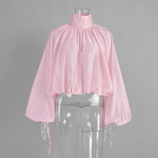 Women’s High-Neck Blouse With Lantern Sleeves – Sheer Crinkle Texture & Boho Chic Style_ecoleips.com