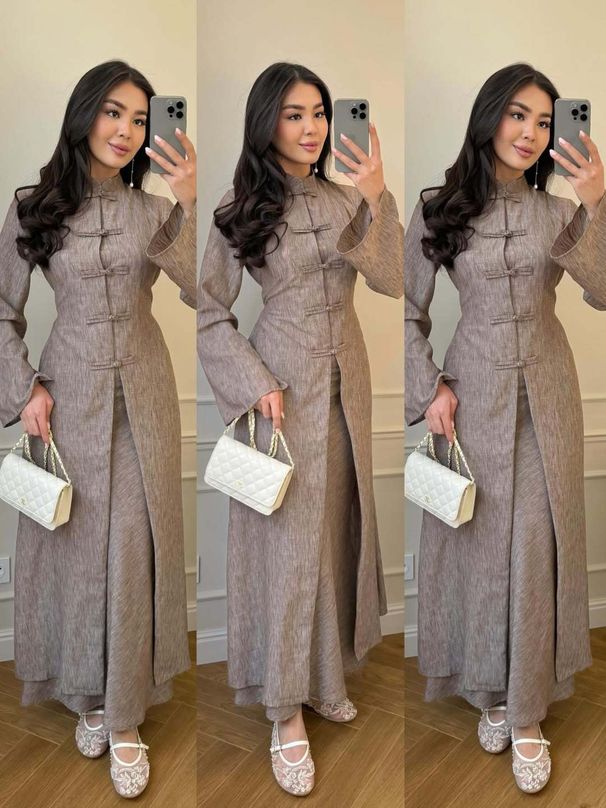 Women's Long Sleeve Fold Button Zen Style Linen Long Coat Autumn New Cross Border European American Foreign Trade Straight Long Skirt_ecoleips.com