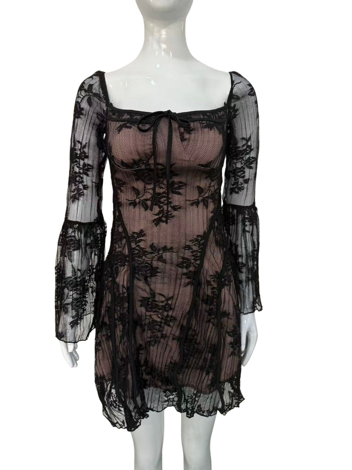 Women's Slim Lace Trumpet Dress Long Sleeved Strappy A-Line Hem Fashionable Autumn Clothing Temperament_ecoleips.com