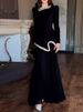 Women's Casual Long Sleeve Draped Gowns Dress Elegant Hight Waist Solid Long Party Dresses Sequin Splicing V-neck Banquet Dress_ecoleips.com